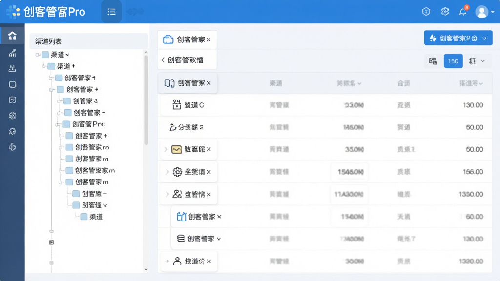 创客管家Pro渠道管理页面,左侧为渠道列表树状图,右侧显示渠道详情数据,界面采用蓝白配色,顶部有“创客管家Pro”标识,整体排版整齐,画质清晰,无多余元素