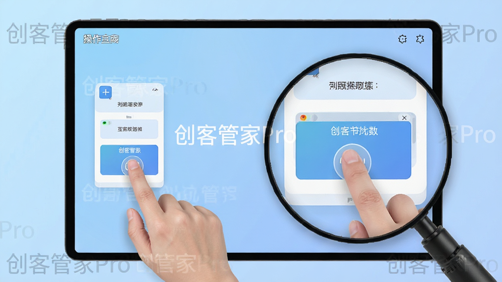创客管家Pro操作界面演示,手指点击屏幕上的功能按钮,屏幕放大显示具体操作步骤,背景为浅蓝色渐变,界面简洁,带有“创客管家Pro”水印,画质干净,无多余元素
