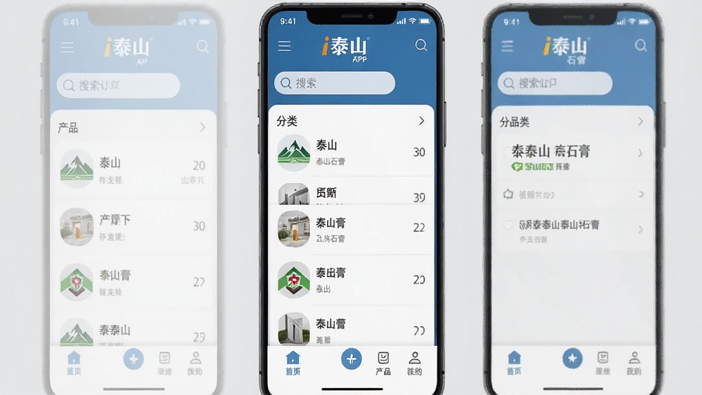 一张展示i泰山APP主界面的高清截图,界面包含底部导航栏、产品分类列表、搜索框,背景为简洁的浅灰色调,整体风格商务大气,突出“i泰山”品牌标识与“泰山石膏”logo,画面干净无多余元素,画质清晰,布局合理,采用扁平化设计风格