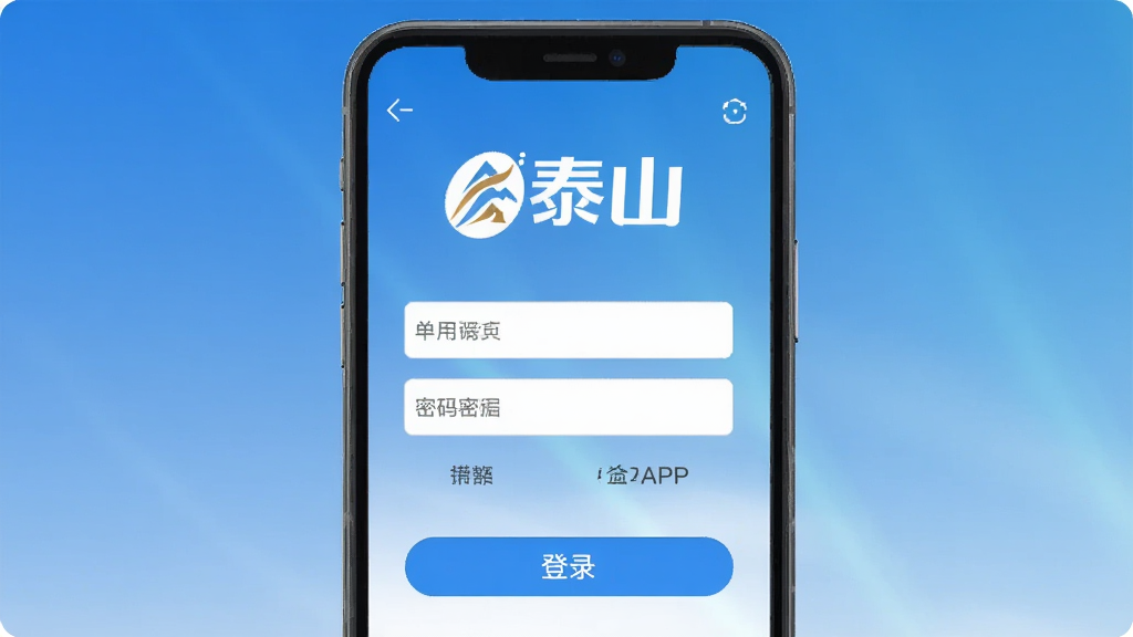 一张展示i泰山APP登录界面的截图,背景为蓝色渐变,中央有“i泰山”logo和用户名密码输入框,下方有登录按钮,整体风格商务可靠,画质清晰,无多余元素