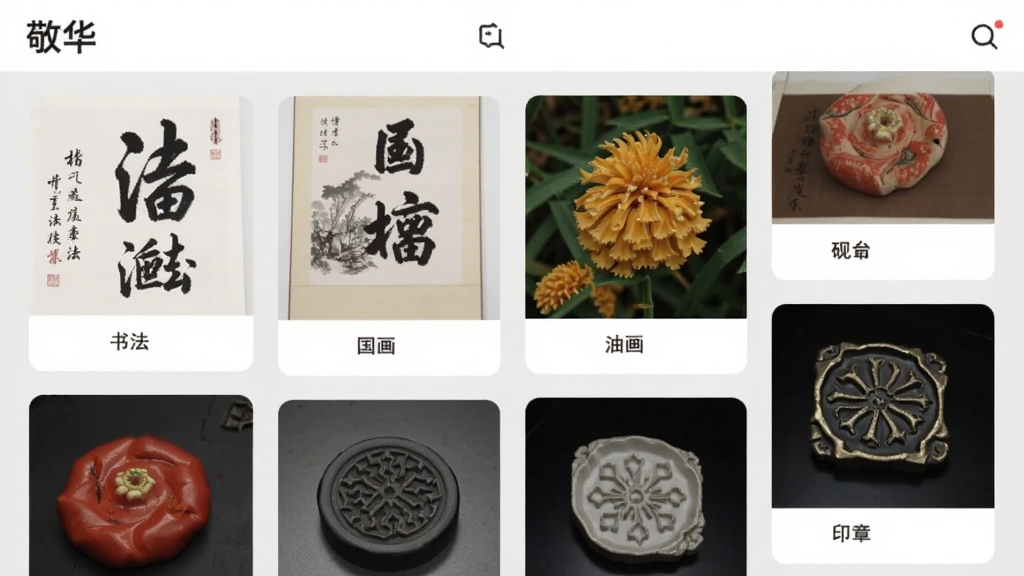 ����Ϊ��������APP����Ʒ����ҳ�棬�����ٲ������֣�����չʾ�鷨���������ͻ���ӡ�¡���̨�Ȳ�ͬ��������ͼ������Ϊǳ��ɫ��ͼƬ���д������£�ÿ������ͼ�·��м򵥵����Ʊ�ע�������������������ñ�ƽ����ƣ��Ű����������ʸɾ���ͻ��APP�ķḻ����������ı���ԡ�