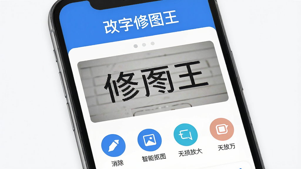 一张手机屏幕展示改字修图王主界面的高清图片,界面布局简洁,上方突出显示“改字修图王”应用名称,中间展示一张带有文字的照片,下方排列消除笔、智能抠图、无损放大等圆形功能图标,风格现代清爽,画质干净,无多余元素