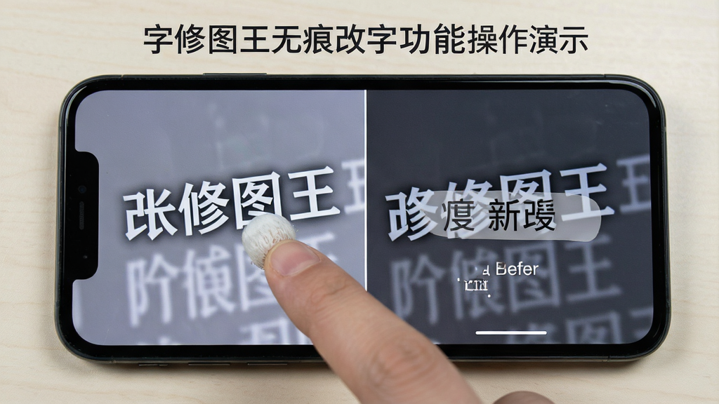 改字修图王无痕改字功能操作演示图,手机屏幕特写,手指涂抹原文字后输入新文字,修改前后对比效果明显,背景为纯色桌面,画质清晰,无多余元素