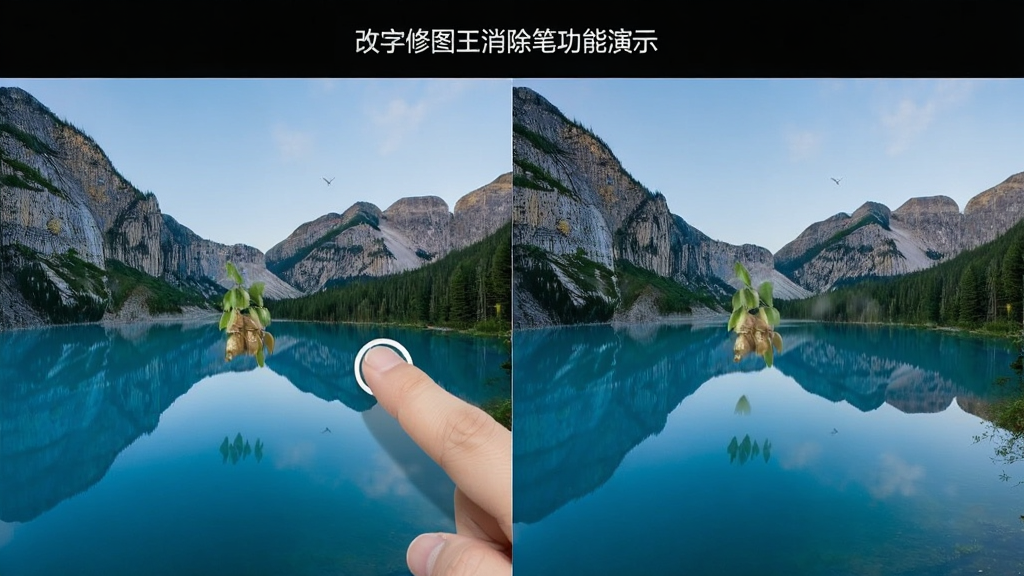 改字修图王消除笔功能演示,一张风景照片上有一处多余杂物,手指点击后杂物消失,画面恢复纯净,对比图左右排列,风格简洁,画质干净,无多余元素