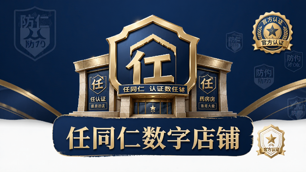 一张以“任同仁数字店铺”为主题的品牌展示图,主体为正品认证标识与药房建筑结合,布局居中对称,背景采用深蓝色与金色搭配,风格庄重典雅,细节包含防伪水印和官方认证徽章,画质高清,干净整洁。