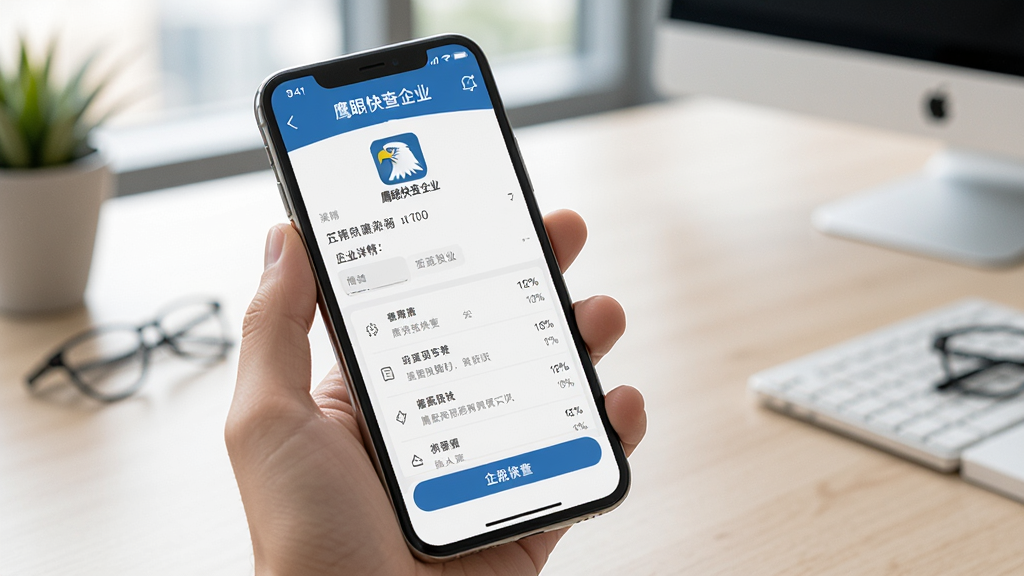 一张展示鹰眼快查企业APP在手机上运行的实拍图,手机握在手中,屏幕显示企业详情页,背景为办公桌,光线明亮,风格真实,画面干净,文字可见“鹰眼快查企业”,画质清晰,无多余元素
