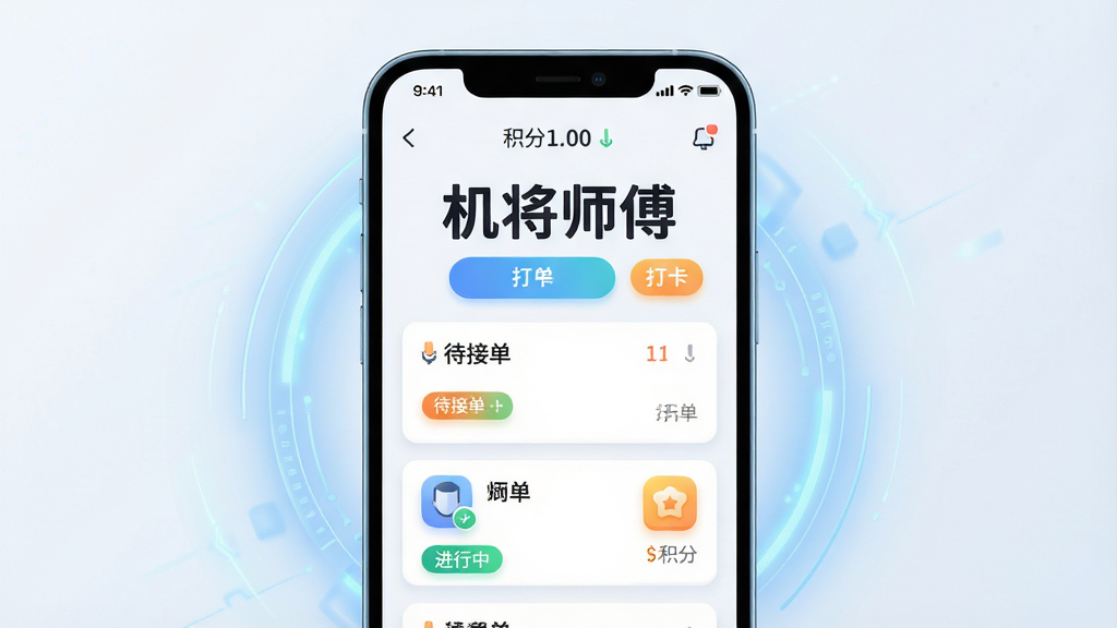 主体:一部智能手机屏幕显示“机将师傅”应用主界面,界面上有订单列表、打卡按钮、积分图标等元素。布局:手机居中,界面清晰,周围有淡淡的蓝色科技感光效。排版:手机屏幕内的文字“机将师傅”醒目,下方排列功能图标。风格:现代扁平化结合轻微3D质感,色彩明亮干净。细节:订单卡片上有“待接单”、“进行中”等标签,顶部显示积分数字。画质:高清渲染,干净,无多余元素。