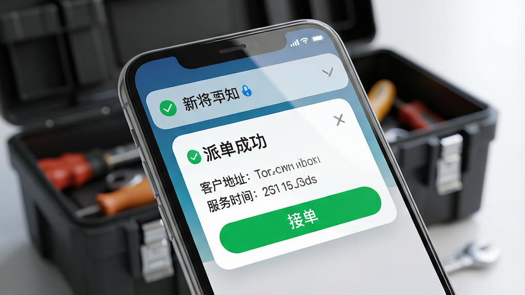 主体:工程师手机收到新订单通知,界面显示“机将师傅”新任务提醒卡片。布局:手机屏幕特写,通知栏弹出订单信息,背景为模糊的工具箱。排版:卡片上清晰显示“派单成功”、“客户地址”、“服务时间”。风格:写实与UI结合,色彩明快。细节:手机屏幕反射轻微光泽,订单卡片有绿色“接单”按钮。画质:高清,干净,无多余元素。