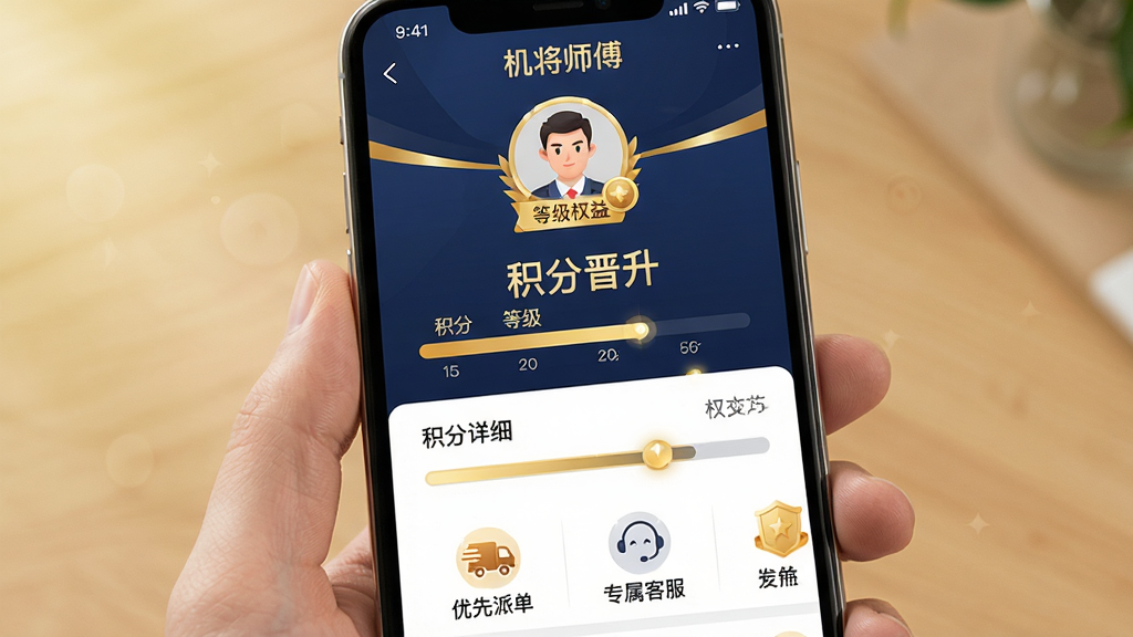 主体:手机屏幕展示“机将师傅”个人中心页面,显示积分、等级进度条和权益列表。布局:屏幕居中,上方为头像和等级勋章,下方为积分明细列表。排版:文字“积分晋升”、“等级权益”突出显示。风格:简洁商务风,金色与深蓝配色,体现尊贵感。细节:进度条动画效果,权益图标如“优先派单”、“专属客服”。画质:高清,干净,无多余元素。