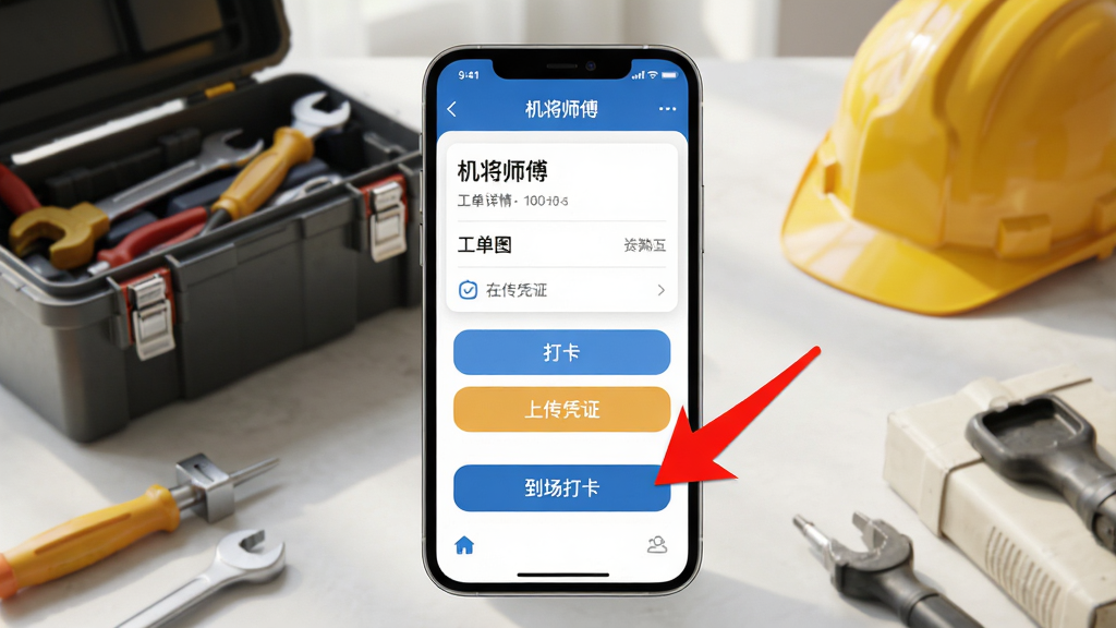 主体:手机屏幕显示“机将师傅”工单详情页面,包含导航、打卡、上传凭证按钮。布局:手机居中,周围有工具箱、安全帽等元素。排版:工单信息清晰,按钮醒目。风格:写实与UI结合,光线自然。细节:有一个红色箭头指向“到场打卡”按钮。画质:高清,干净,无多余元素。