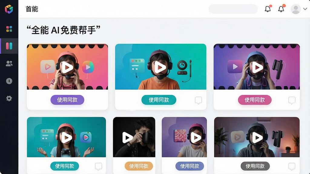 һ�š�ȫ�� AI ��Ѱ��֡�ģ���Ľ����ͼ����Ļ�����������Ÿ��ַ�����Ƶģ�忨Ƭ��ÿ����Ƭ�϶���Ԥ��ͼ�͡�ʹ��ͬ���ť��������Ƽ��ʱ�У�ɫ�����ޣ����ֺ����������ˬ��ϸ�ھ��£����ʸ��壬�ɾ��޶���Ԫ�ء�