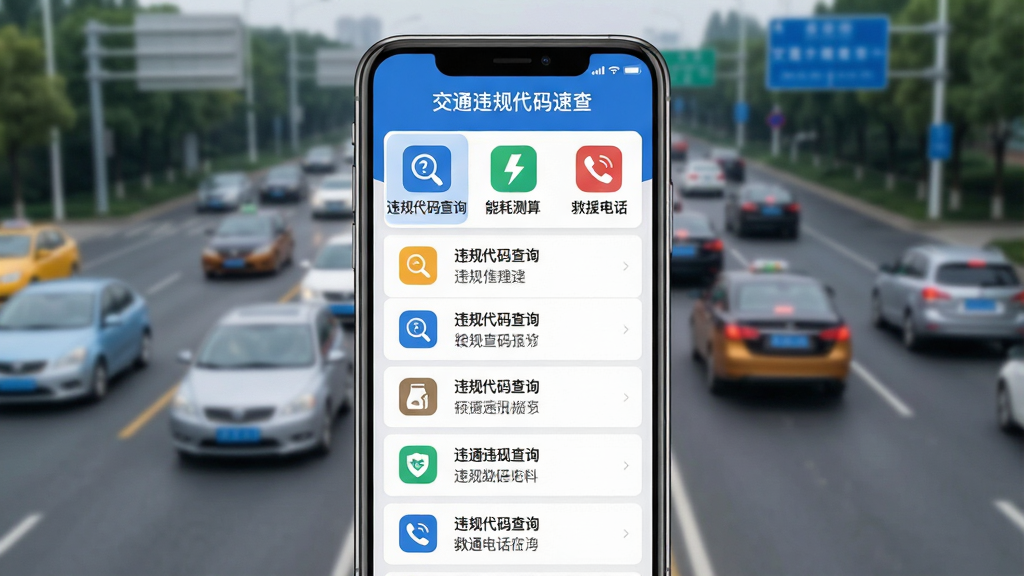 ���壺�ֻ���Ļչʾ����ͨΥ������ٲ顱Ӧ�������棬���涥����ʾӦ�����ơ���ͨΥ������ٲ顱���м��б�չʾ���ཻͨΥ����뼰��Ӧ����������Ϊ�����Ľ�ͨ��·���������֣��ֻ����У���Ļ���������ɼ�����Χ���ס��Ű棺�����б�ʽ���֣����������׶�����񣺱�ƽ���ִ���ƣ�ɫ��������Ϊ����ϸ�ڣ���Ļ��ͻ����ʾ��Υ������ѯ�������ܺĲ��㡱������Ԯ�绰����ͼ�ꡣ���ʣ����壬�ɾ����޶���Ԫ�ء�
