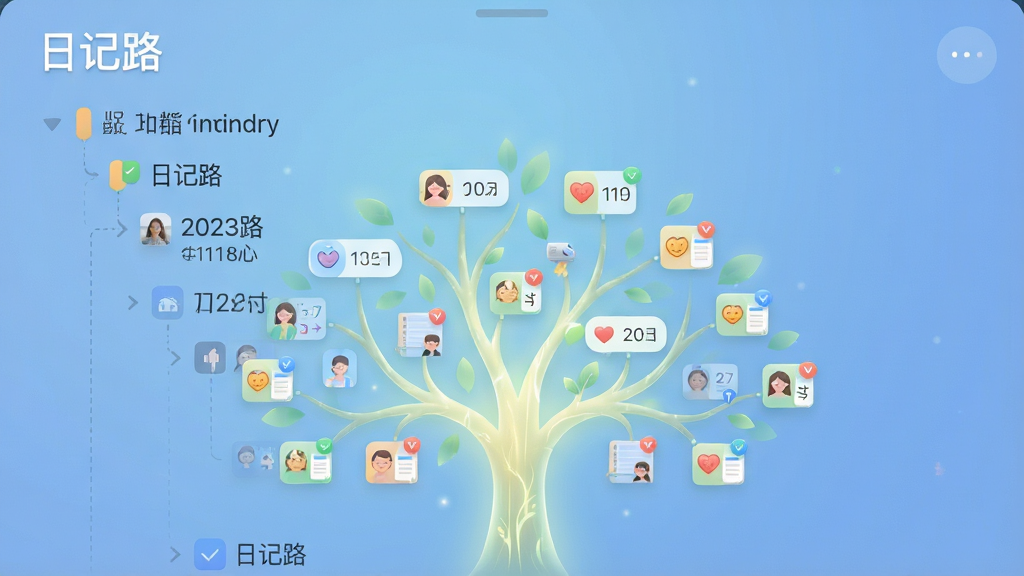 一张展示“日记路”手机应用主界面的高清截图,主体是树状结构的日记列表,中央是一棵发光的树,树枝上挂载着带有日期和心情图标的记录节点,背景是柔和渐变的蓝色,布局简洁明了,排版清晰,风格现代简约,细节丰富,画质高清,干净,无多余元素