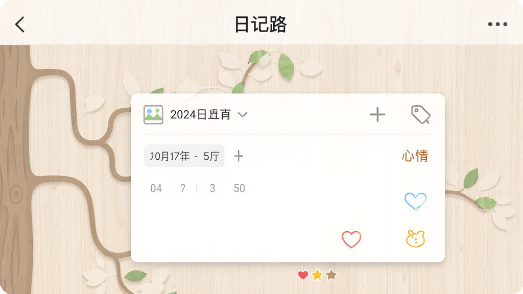 一张“日记路”应用内编辑日记的界面预览图,主体是树状分支下的一个编辑窗口,窗口内有添加照片、标签的图标,背景是淡雅的木纹色,布局清晰,排版规整,风格清新,细节包括日期选择器和心情图标,画质高清,干净,无多余元素