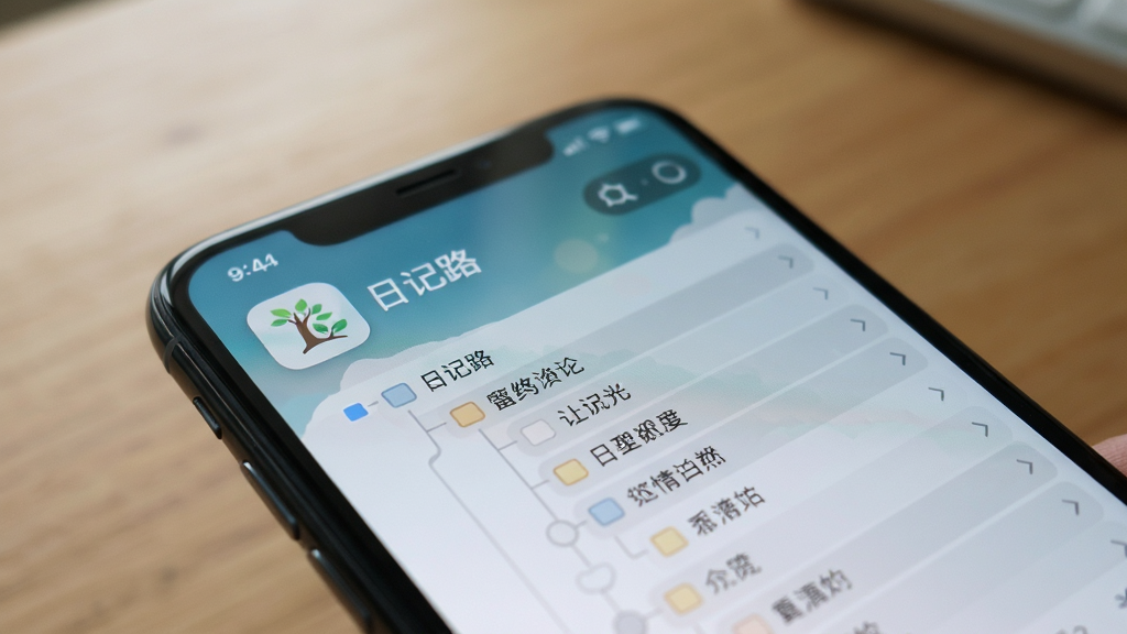 一张“日记路”应用在手机桌面上运行的实拍图,手机背景是模糊的木质桌面,应用图标亮起,屏幕上显示着树状结构的日记列表,布局自然,风格写实,细节清晰,画质高清,干净,无多余元素