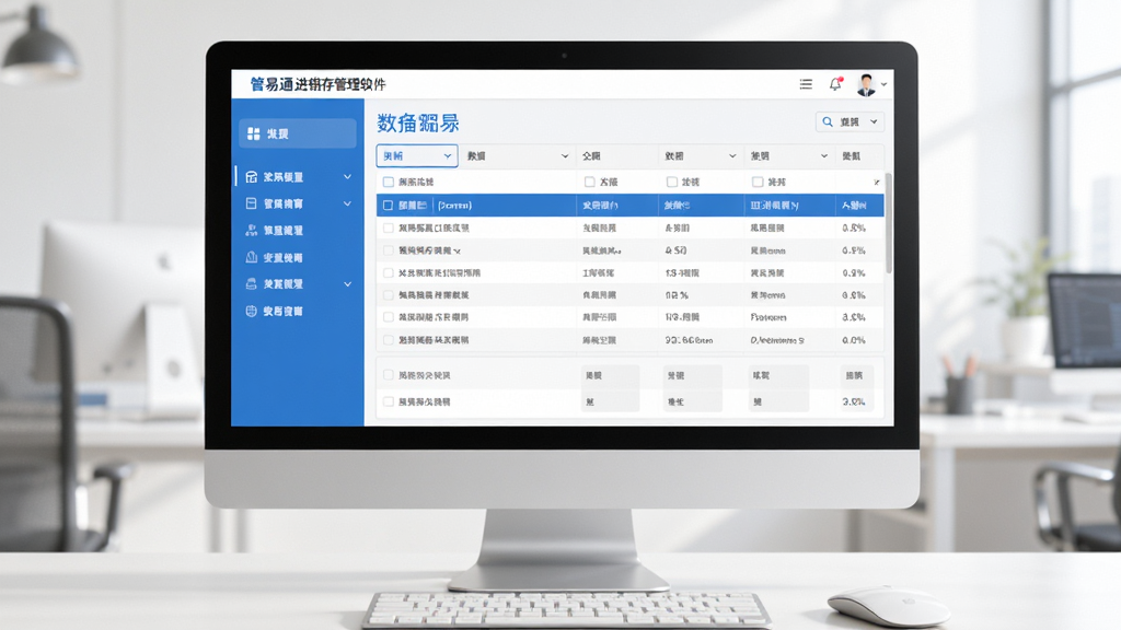 主体为管易通进销存管理软件在电脑屏幕上的界面展示,布局清晰,左侧功能列表,右侧数据表格,整体风格现代简洁,蓝白配色为主,画面干净,画质高清,无多余元素