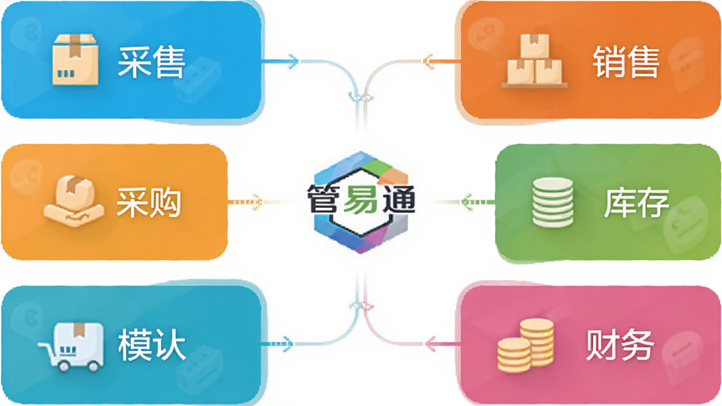 管易通进销存管理软件功能架构图,中心为软件logo,四周环绕采购、销售、库存、财务等模块图标,布局均衡,风格扁平化,色彩明亮,画质干净无多余元素