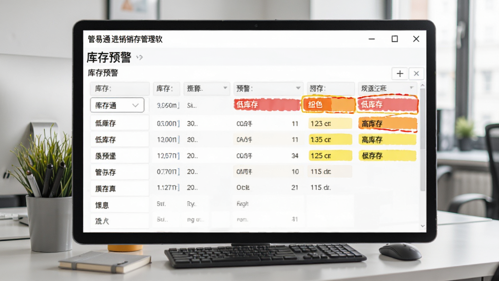 管易通进销存管理软件库存预警界面截图,显示库存列表和预警颜色标记,红色代表低库存,黄色代表高库存,背景为桌面办公场景,构图清晰,风格写实,画质高清