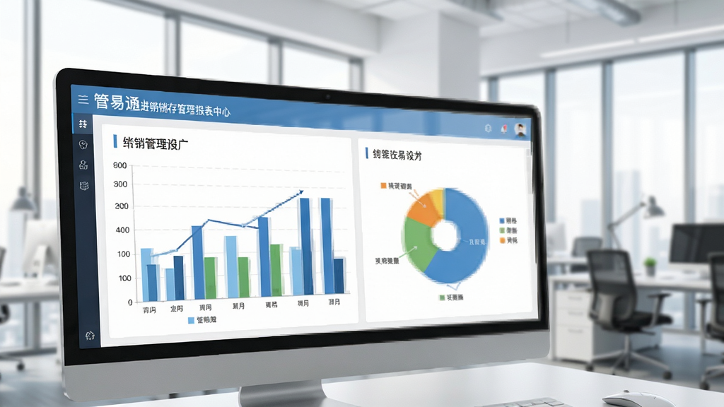管易通进销存管理软件报表中心界面,展示柱状图和饼图,数据清晰,背景为办公室环境,光线明亮,构图专业,风格商务,画质干净