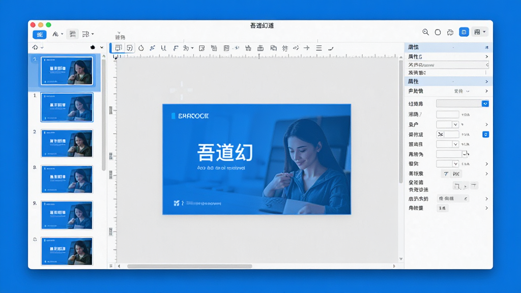 一张展示吾道幻灯片软件界面全貌的预览图,主体为软件主界面,左侧是幻灯片缩略图列表,中间是编辑画布区,右侧是属性设置面板,整体布局清晰,风格简洁现代,采用蓝白主色调,画质干净,无多余元素