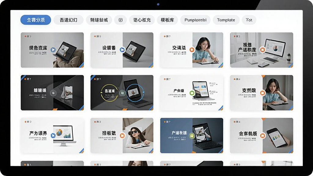 一张展示吾道幻灯片模板库的截图,主体为模板选择页面,网格状排列着各种风格的幻灯片模板缩略图,上方有分类标签栏,布局整齐,风格清新明亮,画质清晰,无多余元素