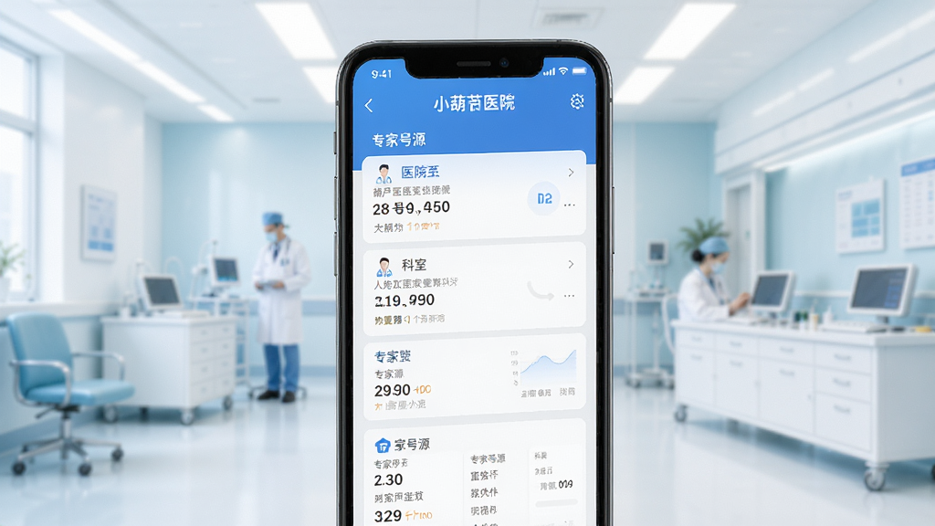 小葫芦名医抢号APP主界面预览图,展示手机屏幕中清晰的医院列表、科室分类和专家号源信息,界面简洁现代,以蓝色为主色调,背景为干净明亮的医疗场景,整体布局直观易用,画质高清,干净无多余元素