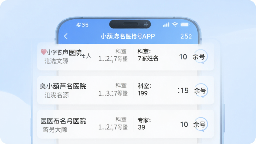 小葫芦名医抢号APP号源列表页面,展示多家医院和科室的号源信息,每个条目包含医院名称、科室、专家姓名和余号数量,界面清晰有序,背景为淡蓝色渐变,整体风格清爽专业,画质高清,干净无多余元素