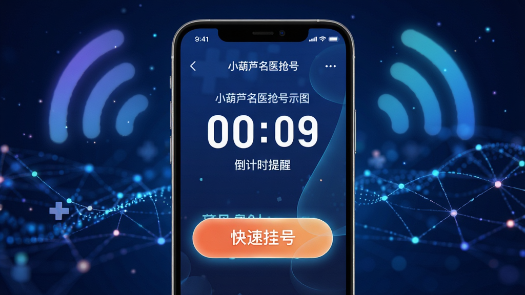 小葫芦名医抢号APP智能抢号功能示意图,手机界面显示倒计时提醒和快速挂号按钮,背景为动态网络信号元素,整体风格科技感十足,色彩明亮,细节丰富,画质高清,干净无多余元素