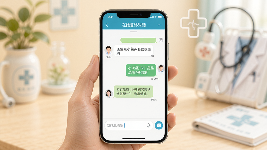 小葫芦名医抢号APP在线复诊对话界面,展示手机屏幕中医患沟通的聊天窗口,包含文字输入框和药品配送信息,背景为柔和的医疗元素,整体风格温暖亲切,画质高清,干净无多余元素
