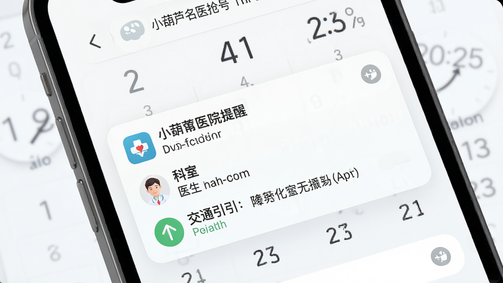 小葫芦名医抢号APP诊前提醒界面,展示手机通知栏中的就诊提醒卡片,包含医院名称、科室、医生和交通指引,背景为简洁的日历和时间元素,整体风格清晰直观,画质高清,干净无多余元素