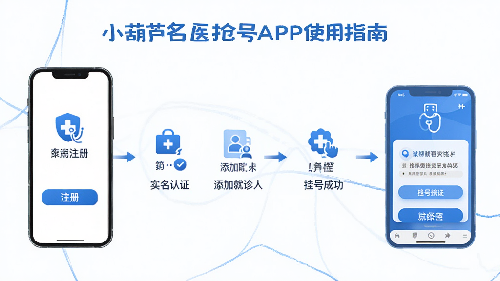 小葫芦名医抢号APP使用指南示意图,展示手机端操作步骤的流程图,包含注册、实名认证、添加就诊人、选择医院、挂号成功等步骤,背景为简洁的白色和蓝色线条,整体风格清晰易懂,画质高清,干净无多余元素
