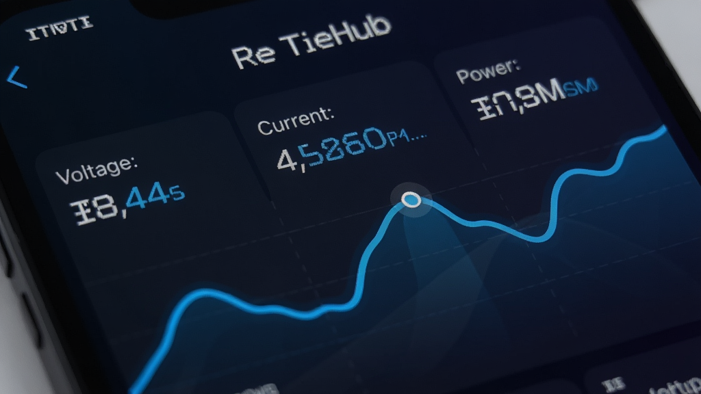 Recharge Hub应用界面特写,展示电压、电流、功率三项数据的实时曲线图,数据动态更新,背景为深色渐变,搭配蓝色高亮数据线条,整体风格现代科技感,文字标注