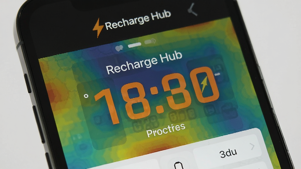 手机屏幕显示Recharge Hub的温度监测界面,温度数值以醒目的橙色数字展示,背景有热力图效果,整体界面简洁直观,带有