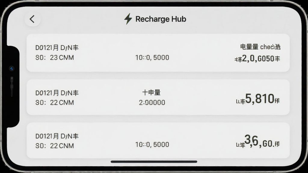 Recharge Hub应用的历史记录页面,以列表形式展示多条充电记录,每条记录包含日期、充电时长和电量变化,背景为浅灰色卡片式布局,带有
