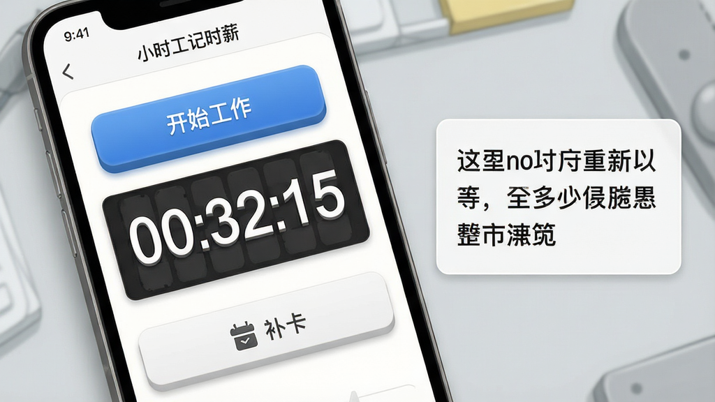 主体:手机APP“小时工记时薪”的打卡计时页面特写。布局:手机左侧,右侧配文字说明框。排版:页面显示“开始工作”按钮和计时器“00:32:15”,下方有“补卡”图标。风格:写实与插画结合,背景为浅灰色工作台。细节:计时器数字清晰,按钮有立体感,画质高清,干净无多余元素。