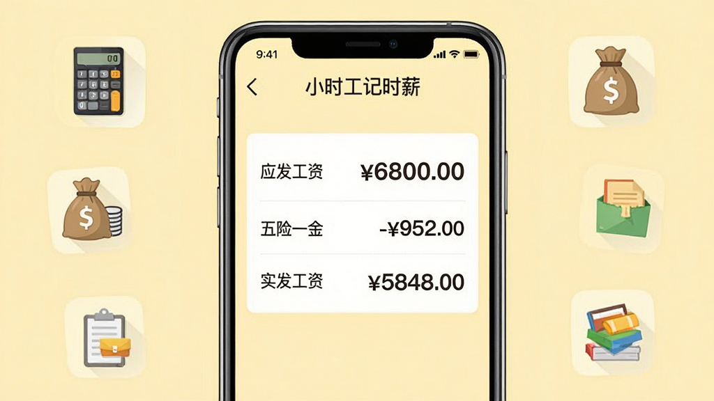 主体:手机APP“小时工记时薪”的工资条界面。布局:手机居中,周围有计算器、工资袋等小图标。排版:工资条上显示“应发工资 6800.00”、“五险一金 -952.00”、“实发工资 5848.00”。风格:商务简约,背景为浅黄色。细节:数字清晰,项目分行排列,画质高清,干净无多余元素。