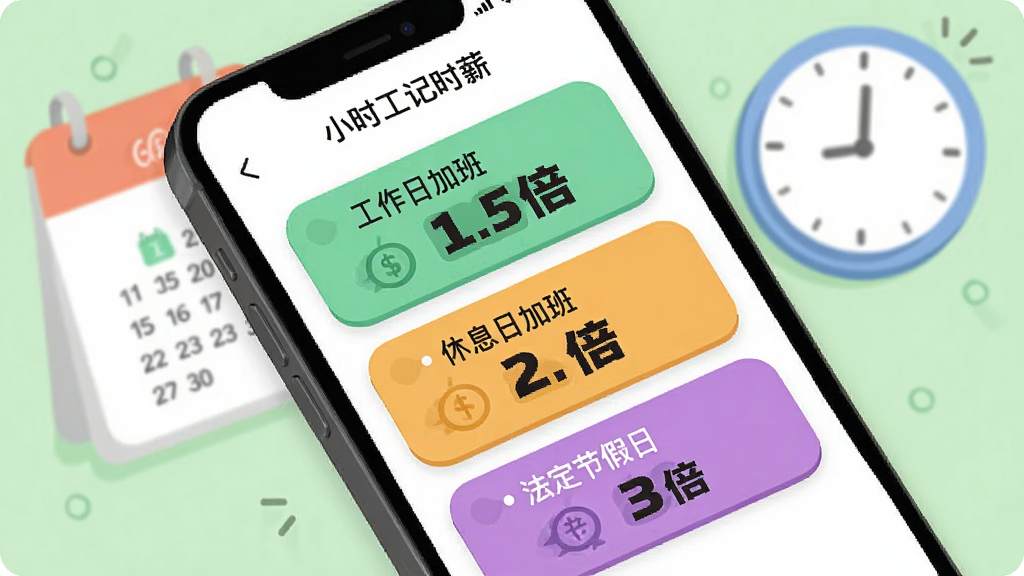 主体:手机APP“小时工记时薪”的加班计算页面。布局:手机倾斜展示,背景有日历和时钟元素。排版:页面显示“工作日加班 1.5倍”、“休息日加班 2倍”、“法定节假日 3倍”三个色块。风格:插画风,背景为淡绿色。细节:倍数文字加粗,色块圆润,画质高清,干净无多余元素。