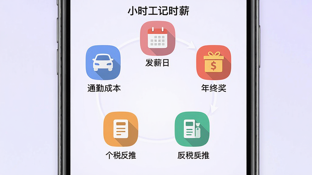 主体:手机APP“小时工记时薪”的工具箱界面。布局:手机居中,六个功能图标围成环形。排版:图标下方标注“通勤成本”、“发薪日”、“年终奖”、“个税反推”等文字。风格:扁平化图标,背景为浅紫色。细节:每个图标颜色不同,清晰易辨,画质高清,干净无多余元素。