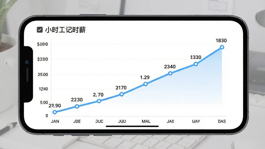 主体:手机APP“小时工记时薪”的薪资趋势折线图。布局:手机横屏展示,图表占满屏幕。排版:横轴为月份,纵轴为金额,折线平滑上升。风格:数据可视化风格,背景为白色。细节:数据点标注具体数字,线条颜色醒目,画质高清,干净无多余元素。
