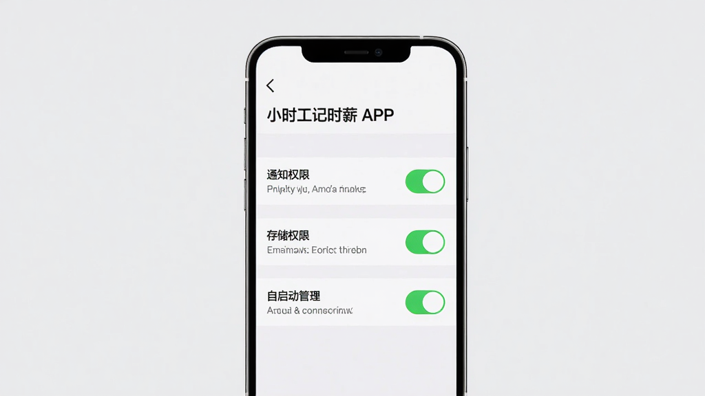 主体:手机屏幕显示“小时工记时薪”APP设置页面。布局:手机居中,背景为浅灰色。排版:页面显示“通知权限”、“存储权限”、“自启动管理”三个开关。风格:简洁设置界面,开关按钮为绿色。细节:每个选项旁有说明文字,画质高清,干净无多余元素。