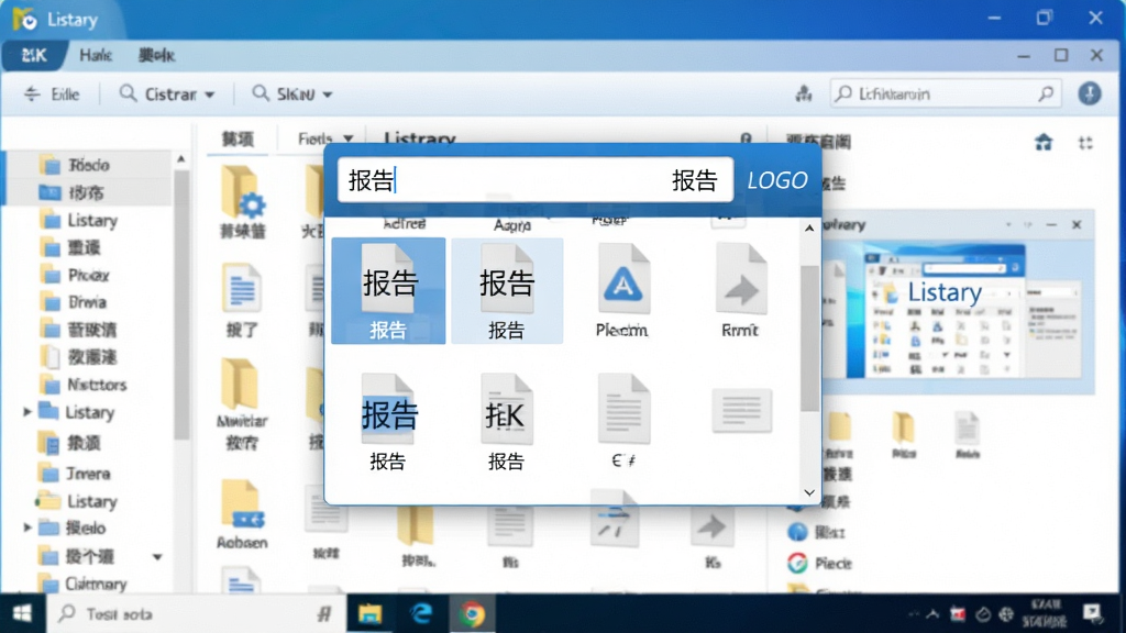 ���壺Listary��������������������չʾ������ΪWindows�����ļ���Դ�����������֣�������λ����Ļ����ƫ�ϣ�����ؼ��ʡ����桱���·��г����ƥ���ļ�ͼ�ꣻ�Ű棺���Ϊ�ļ��б����Ҳ�ΪԤ����壻����ִ�����ƽUI��ƣ���ɫ����ɫ������ɾ���ˬ��ϸ�ڣ���������С�Listary��LOGOˮӡ���ļ�ͼ��������������ʾƥ���ַ������ʣ�4K���壬������ͣ��޶���Ԫ�ء�