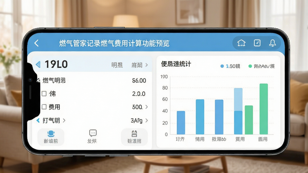 燃气管家记录燃气费用计算功能预览图,手机界面显示费用明细列表和柱状图统计,数据清晰,背景为温馨的家庭客厅,画面柔和,布局规整,画质干净无多余元素