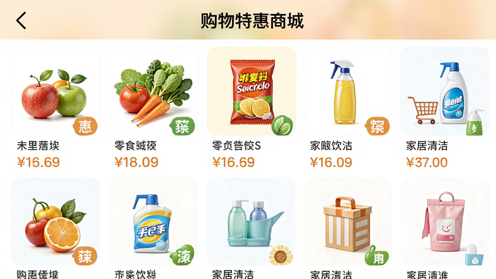 ����Ϊ�����ػ��̳�APP����Ʒ����չʾ���棬���ֲ����������У�����ˮ���߲ˡ���ʳ���ϡ��Ҿ�����ͼ�꣬������¼�࣬ɫ�����ޣ�ϸ�ڰ���ÿ����ƷͼƬ�ͼ۸��ǩ������ɾ����޶���Ԫ�أ����ֱ�ע�������ػ��̳ǡ�