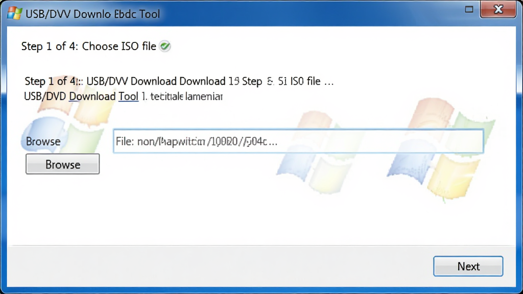 画面主体为 Windows7 USB/DVD Download Tool 软件主界面窗口,界面简洁清晰,上方显示“Step 1 of 4: Choose ISO file”等步骤提示,中间有浏览按钮和文件路径输入框,下方有“Next”按钮,整体风格为微软经典蓝色窗口风格,背景为纯白色,画质高清,干净无多余元素,文字清晰可读,排版规整。