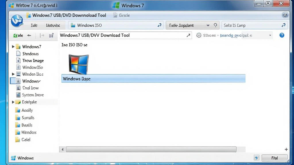 画面主体为 Windows7 USB/DVD Download Tool 软件中正在选择 ISO 镜像文件的界面,文件资源管理器窗口打开,选中一个 Windows 系统 ISO 镜像文件,软件主界面显示文件路径,背景为浅蓝色,整体风格清爽干净,画质高清,排版简洁,突出软件名称 Windows7 USB/DVD Download Tool。