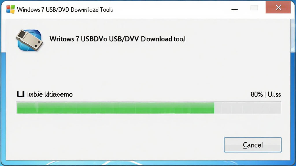 画面主体为 Windows7 USB/DVD Download Tool 软件正在向 U 盘写入镜像的进度条界面,进度条显示 80%,下方有“Cancel”按钮,背景为淡蓝色,整体风格简洁明了,画质高清,干净无多余元素,文字清晰,排版规整。