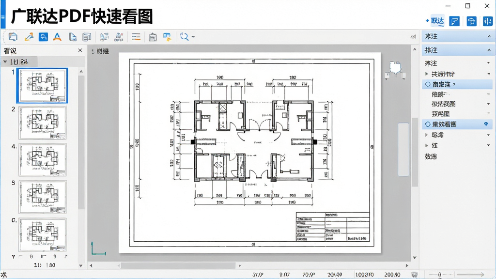 主体:广联达PDF快速看图软件界面,显示打开的大型工程图纸,界面风格简洁现代,功能图标清晰可见。布局:左侧为图纸缩略图栏,中间为图纸显示区,右侧为批注工具栏,底部为状态栏显示图纸比例和坐标。排版:界面布局规整,色彩以白色和浅灰色为主,功能按钮采用蓝色高亮。风格:扁平化设计,符合工程软件的专业感。细节:图纸线条清晰,标注尺寸可见,软件名称“广联达PDF快速看图”显示在窗口左上角,字体为黑色加粗。画质:高清渲染,画面干净,无多余元素。
