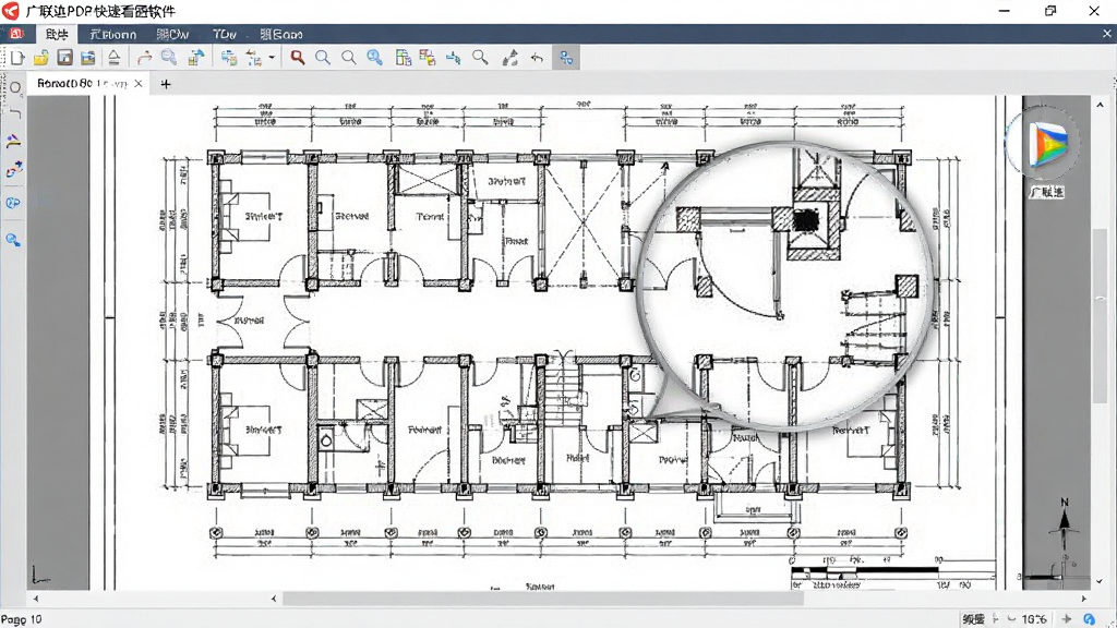 主体:广联达PDF快速看图软件在电脑上打开一张大型建筑图纸,图纸内容复杂,线条密集。布局:图纸充满整个屏幕,软件顶部显示文件名称和工具栏,底部显示当前页码和缩放比例。排版:图纸细节清晰可见,放大区域显示局部结构。风格:真实软件截图风格,色彩自然。细节:图纸上的墙、柱、梁、门窗等构件清晰可辨,软件界面按钮布局合理。画质:高清锐利,画面干净,无多余元素。