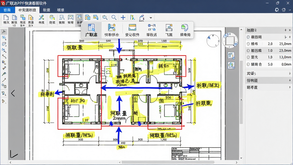 主体:广联达PDF快速看图软件界面上,一张建筑图纸被多种颜色的标注覆盖,包括红色矩形框、蓝色箭头、黄色高亮和黑色文字备注。布局:图纸居中显示,标注工具悬浮在图纸上方,测量结果显示在侧边栏。排版:标注位置准确,色彩鲜明。风格:专业工程软件风格,界面清爽。细节:标注工具图标清晰,测量数据精确到毫米。画质:高分辨率渲染,画面干净,无多余元素。