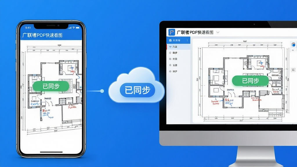 主体:手机和电脑并排显示,屏幕上同时展示广联达PDF快速看图的云同步功能界面,数据云图标在中间连接。布局:左侧为手机界面,右侧为电脑界面,中间为云朵图标。排版:界面布局清晰,同步状态显示“已同步”。风格:现代科技感,色彩以蓝色和白色为主。细节:手机和电脑上的图纸内容一致,批注位置相同。画质:高清渲染,画面干净,无多余元素。